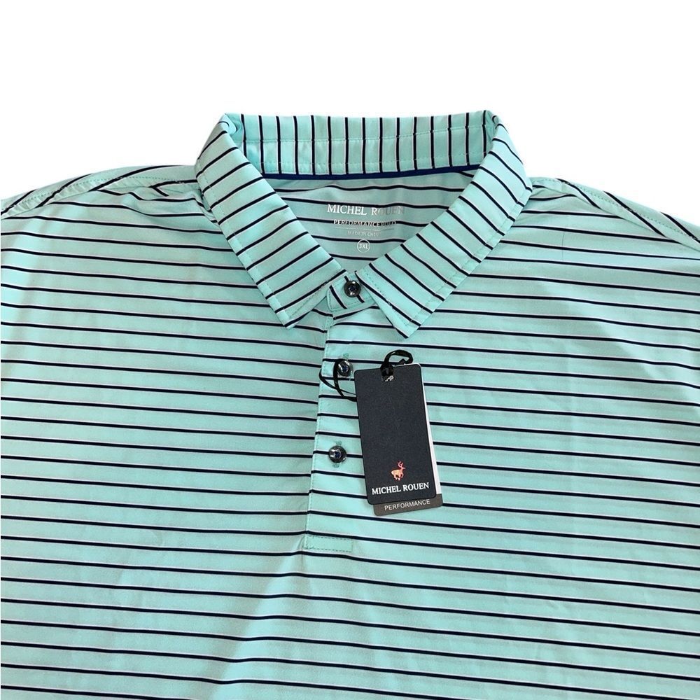 NEW Michel Rouen Men's Light Turquoise And Navy Striped Polo Shirt